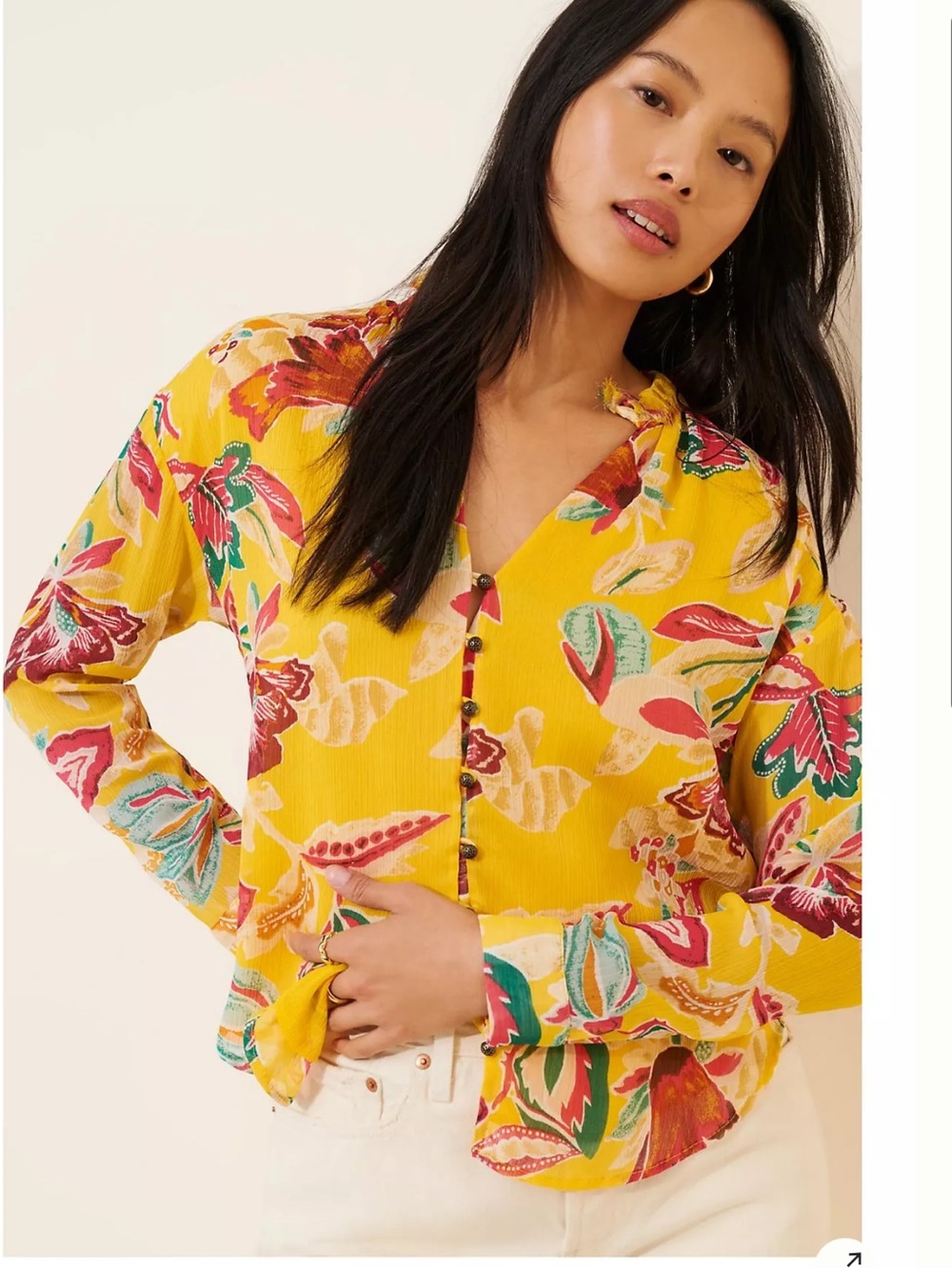 Anthropologie Pilcro Tavi Yellow Floral Button-Front Shirt with Multicolor Print